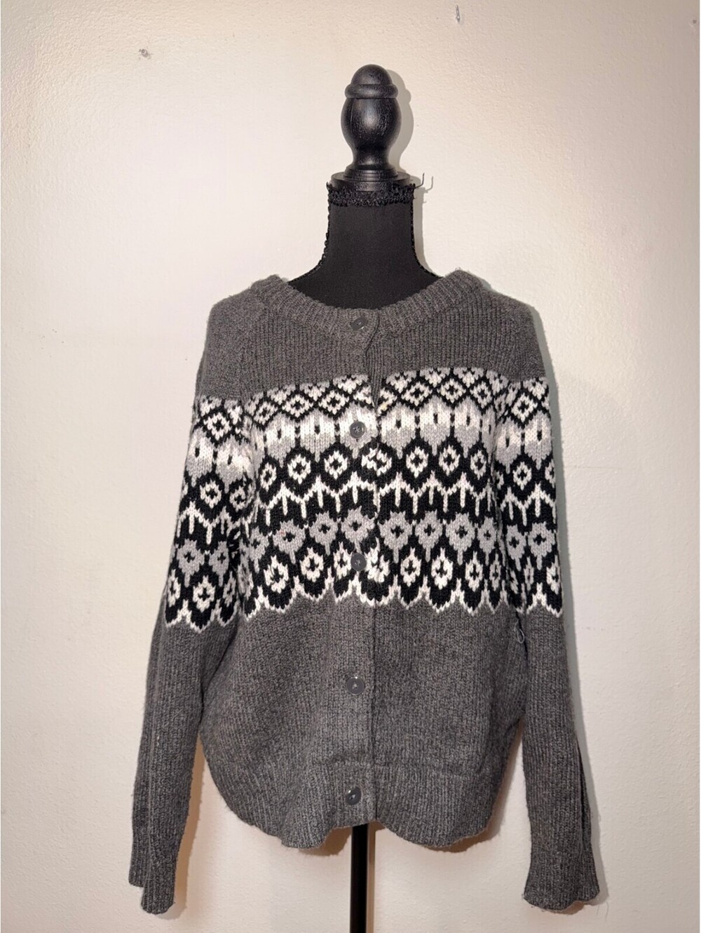 Talbots Cotton Gray Fair Isle Button Cardigan L Fall